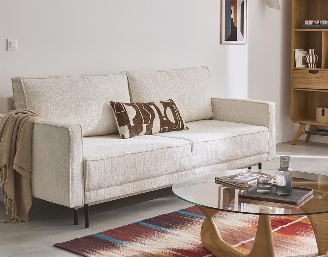 Canapé droit 3 places convertible avec coffre en tissu velours relief Charlie Canapé droit 3 places convertible avec coffre en tissu velours relief Charlie