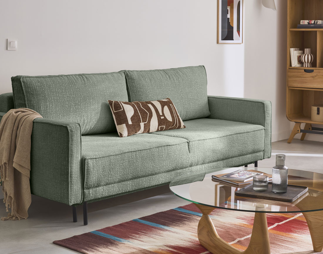 Canapé droit 3 places convertible avec coffre en tissu velours relief Charlie