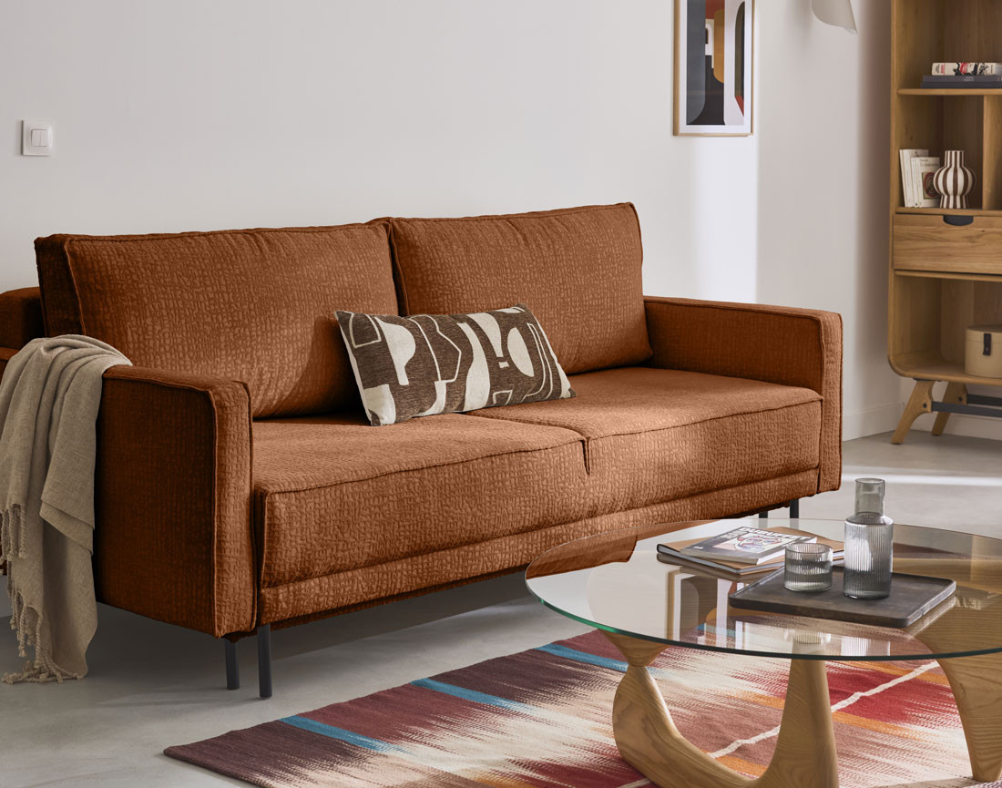 Canapé droit 3 places convertible avec coffre en tissu velours relief Charlie