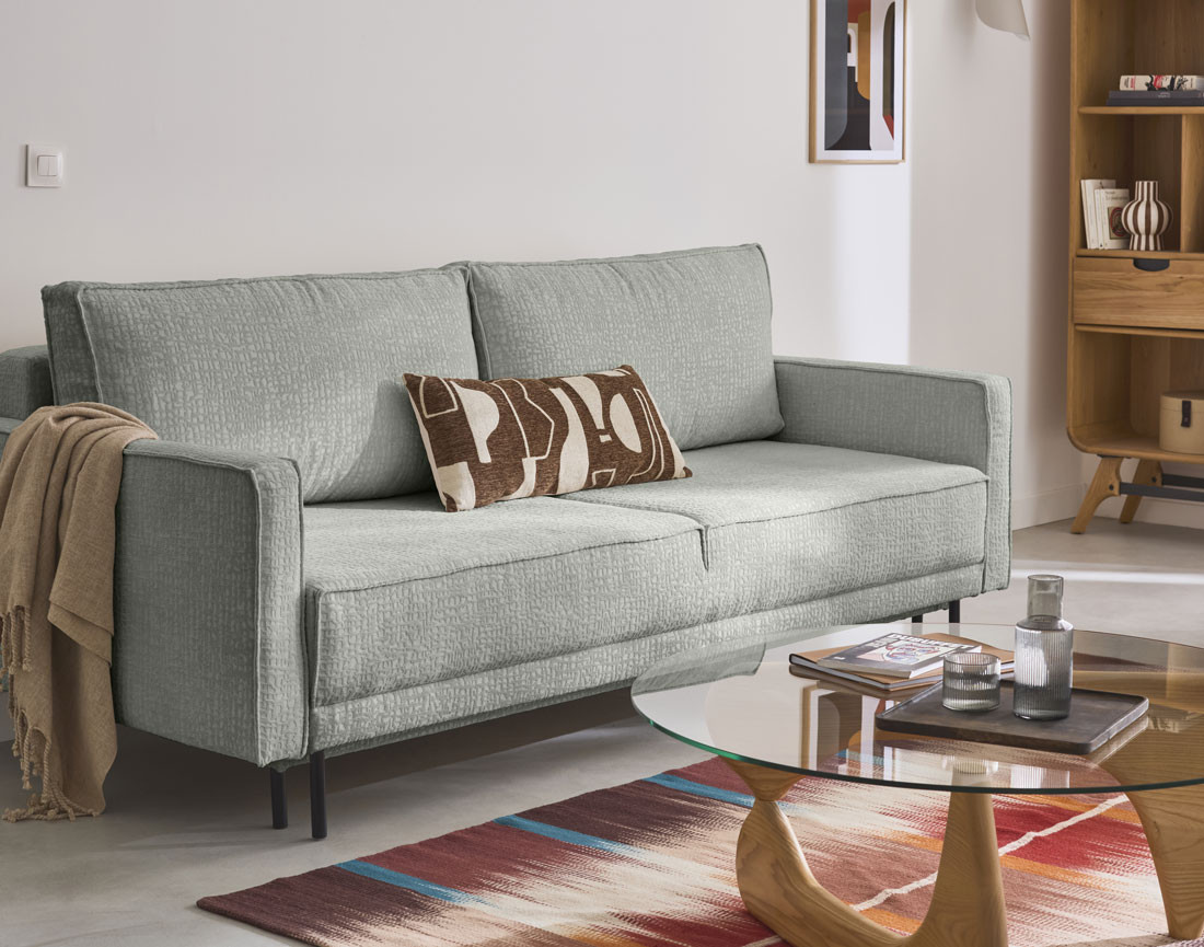 Canapé droit 3 places convertible avec coffre en tissu velours relief Charlie Canapé droit 3 places convertible avec coffre en tissu velours relief Charlie