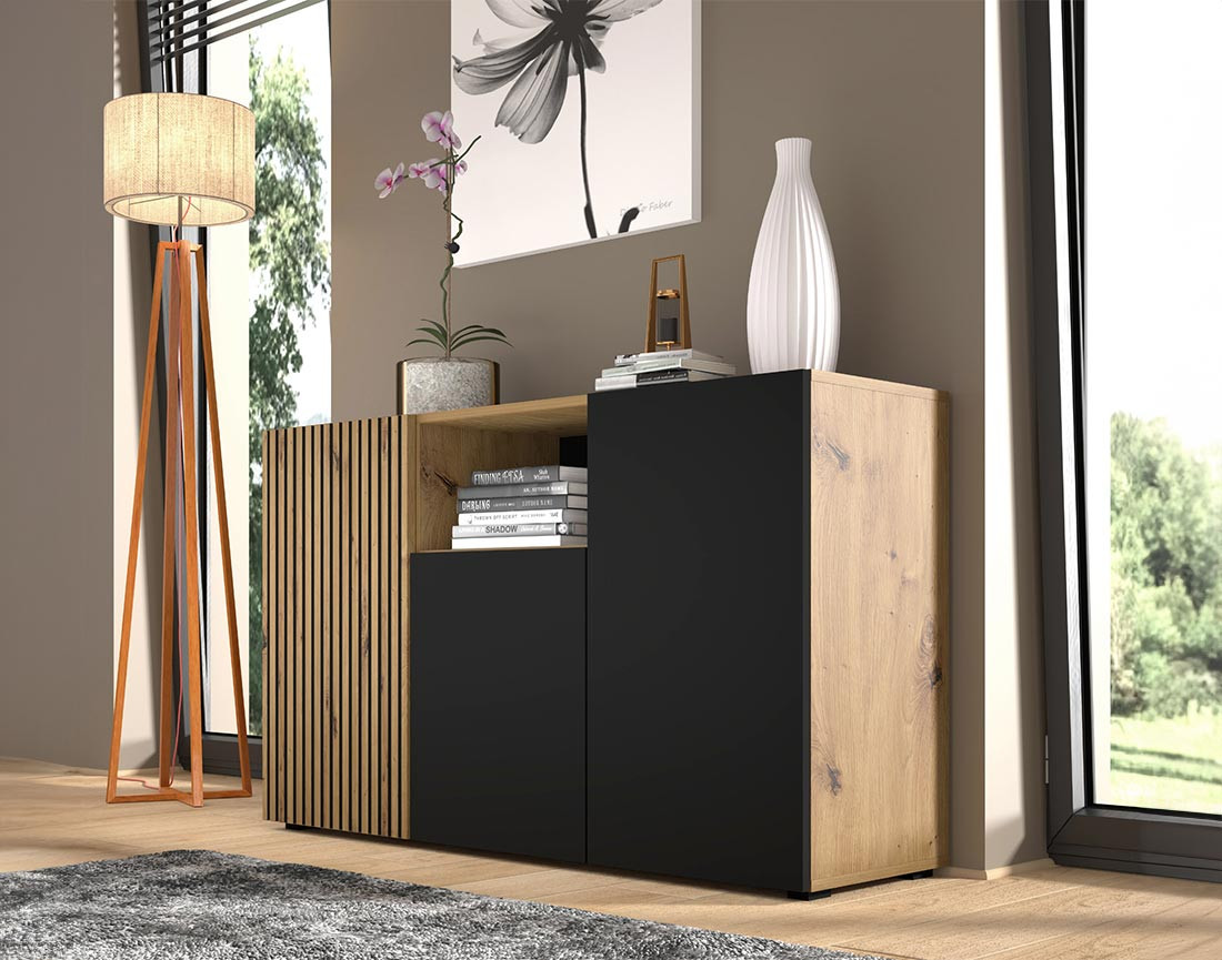 Buffet bas bois et noir 3 portes et 1 niche 135 cm Ozzy