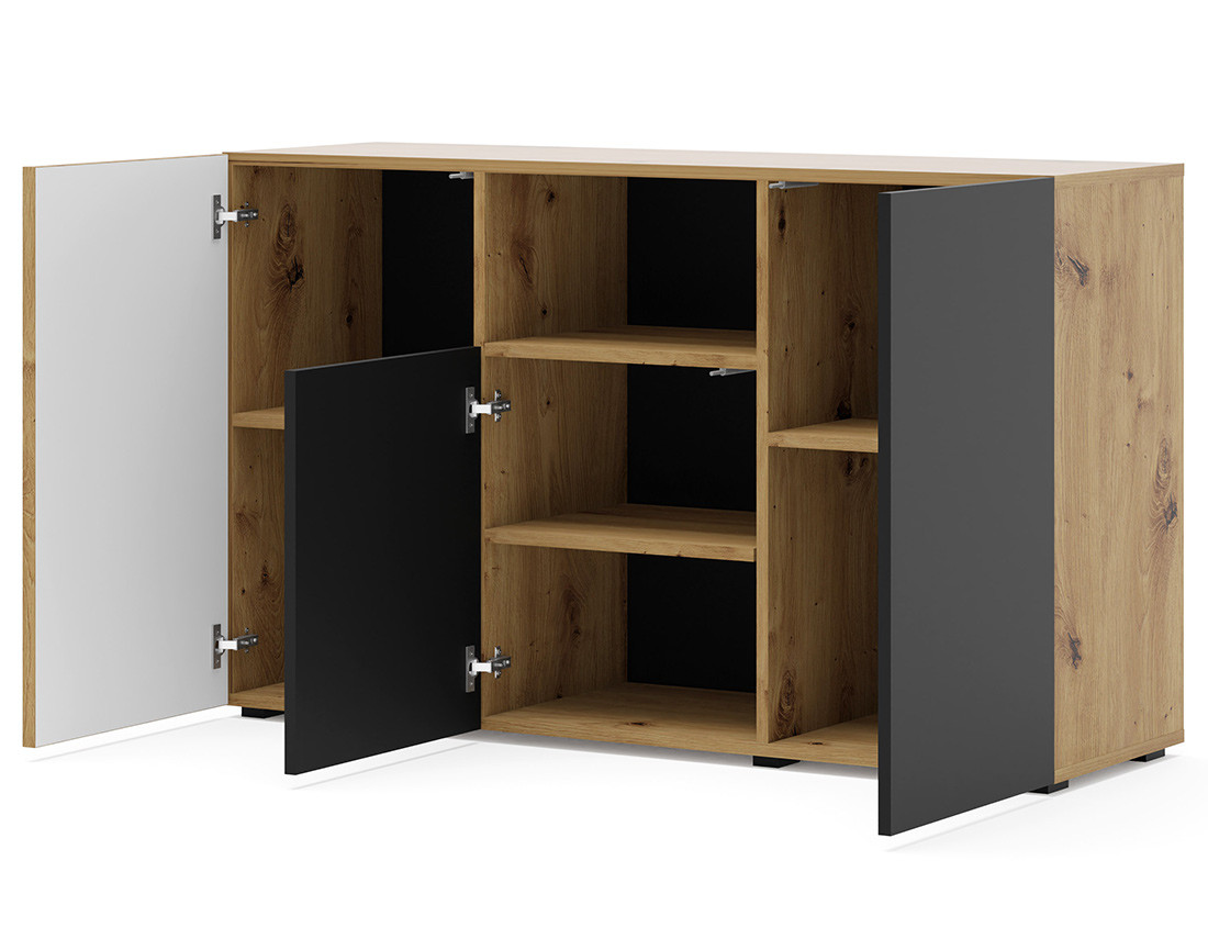 Buffet bas bois et noir 3 portes et 1 niche 135 cm Ozzy