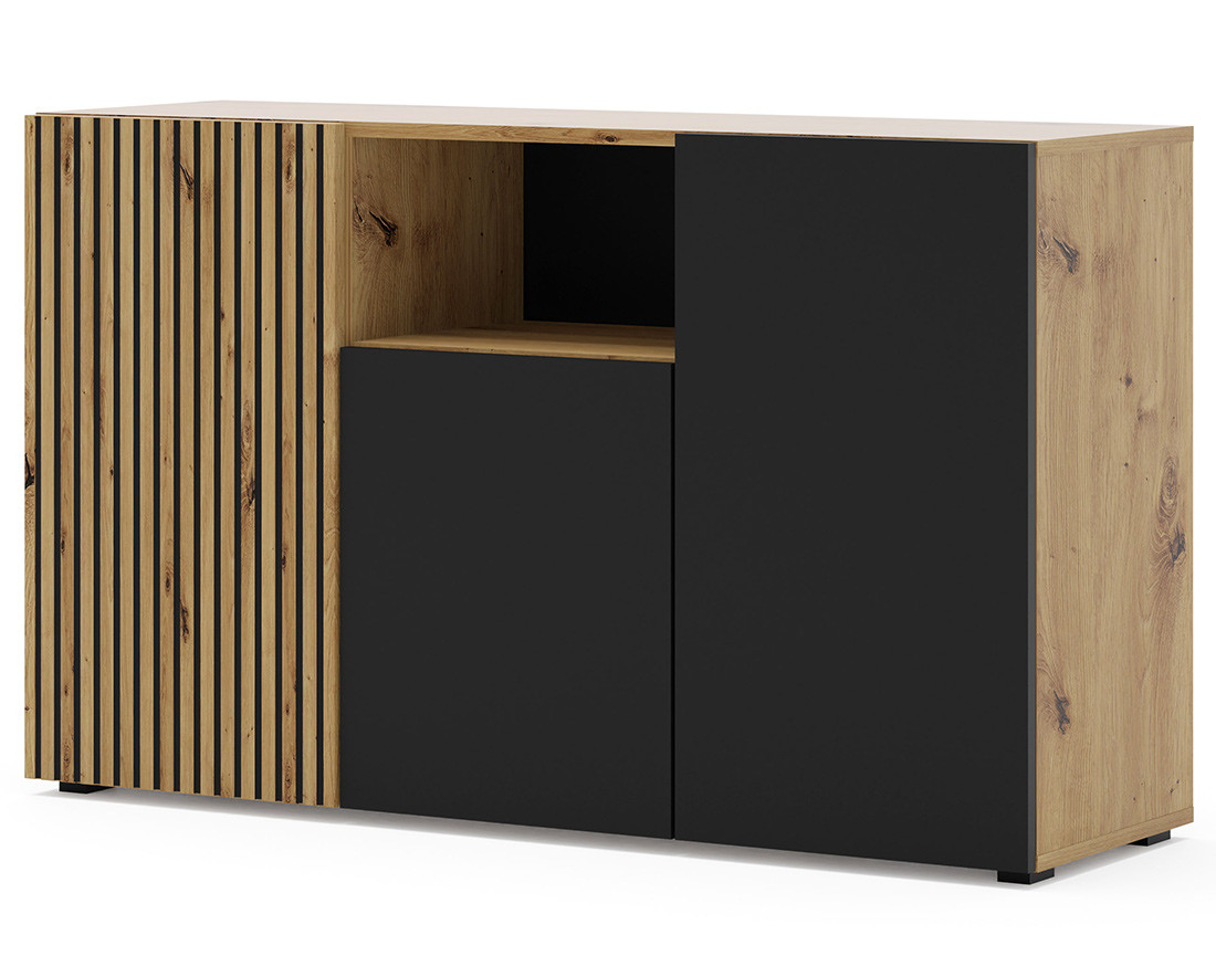 Buffet bas bois et noir 3 portes et 1 niche 135 cm Ozzy