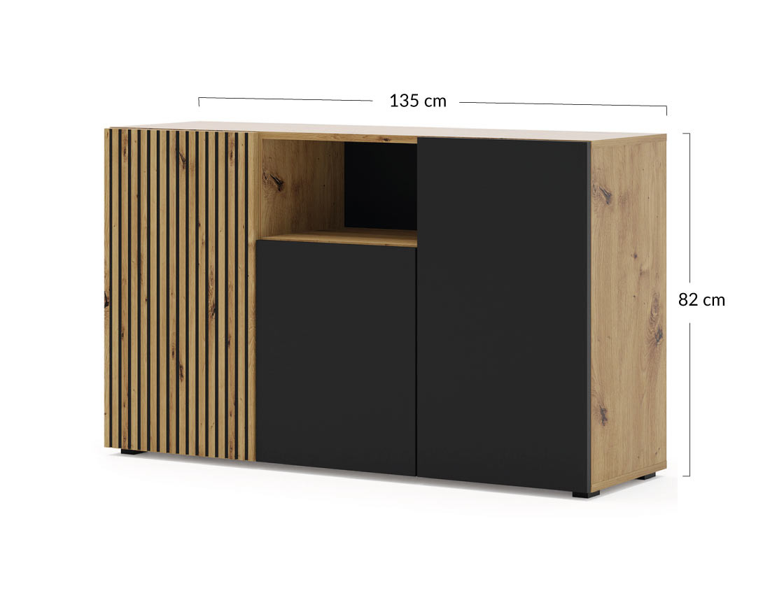 Buffet bas bois et noir 3 portes et 1 niche 135 cm Ozzy