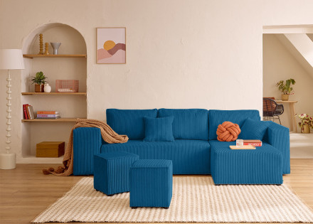 Canapé d'angle convertible en velours côtelé avec poufs Topaze