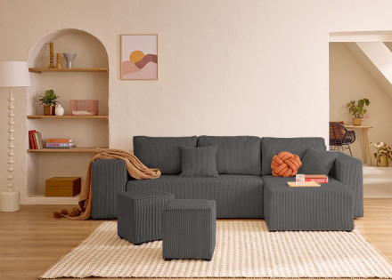 Canapé d'angle convertible en velours côtelé avec poufs Topaze