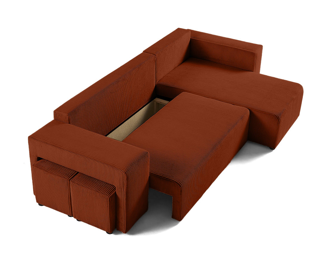 Canapé d'angle convertible en velours côtelé avec poufs Topaze