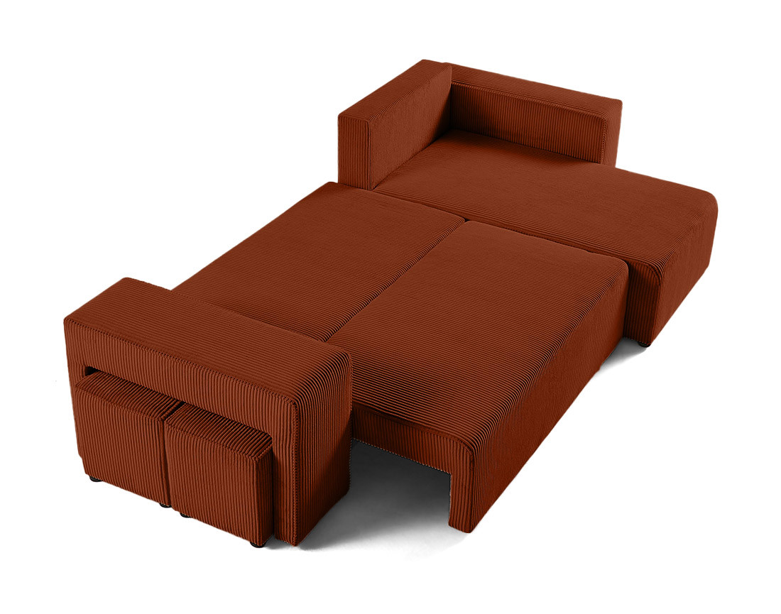 Canapé d'angle convertible en velours côtelé avec poufs Topaze