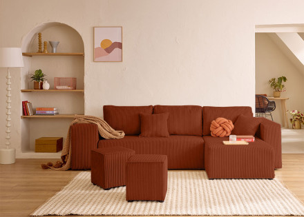 Canapé d'angle convertible en velours côtelé avec poufs Topaze