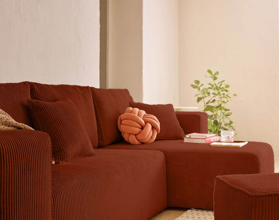 Canapé d'angle convertible en velours côtelé avec poufs Topaze