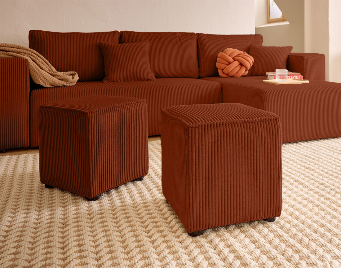 Canapé d'angle convertible en velours côtelé avec poufs Topaze