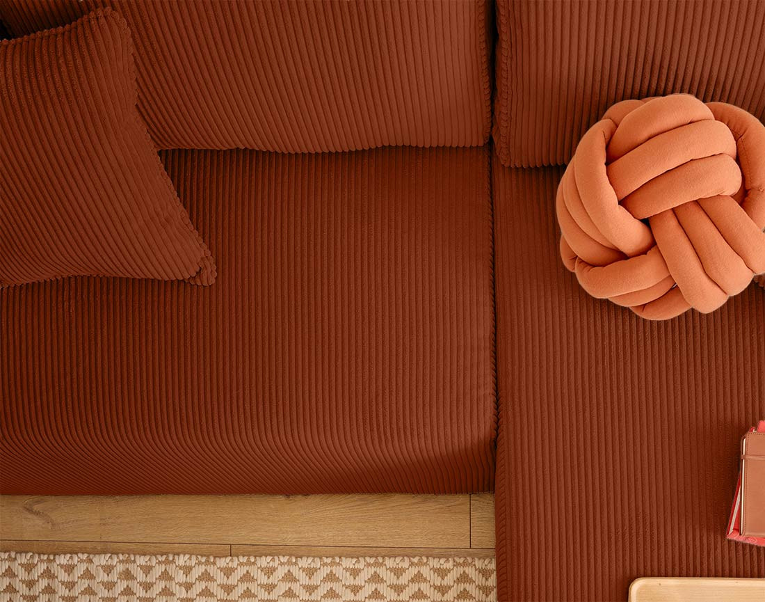 Canapé d'angle convertible en velours côtelé avec poufs Topaze