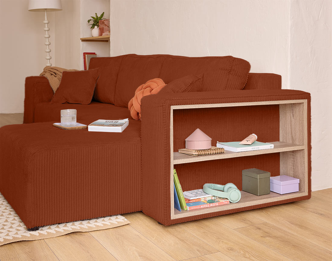 Canapé d'angle convertible en velours côtelé avec poufs Topaze