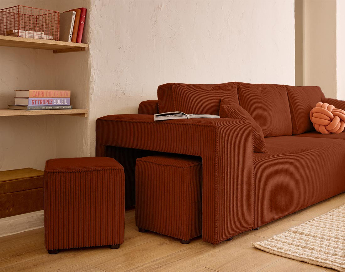 Canapé d'angle convertible en velours côtelé avec poufs Topaze