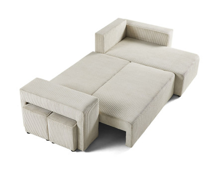 Canapé d'angle convertible en velours côtelé avec poufs Topaze