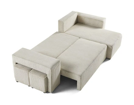 Canapé d'angle convertible en velours côtelé avec poufs Topaze