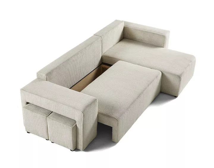 Canapé d'angle convertible en velours côtelé avec poufs Topaze