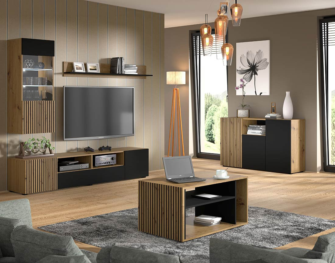 Buffet bas bois et noir 3 portes et 1 niche 135 cm Ozzy