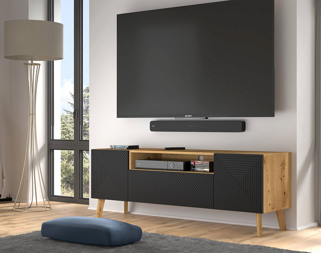 Meuble TV bois et noir 3 portes et 1 niche 160 cm Velato