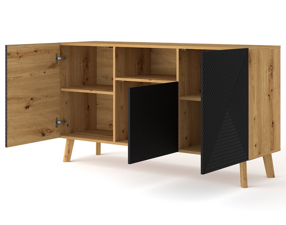 Buffet bas bois et noir 3 portes et 1 niche 146 cm Velato
