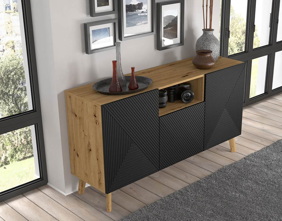 Buffet bas bois et noir 3 portes et 1 niche 146 cm Velato