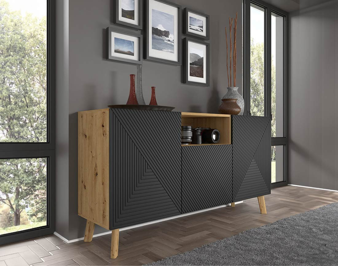 Buffet bas bois et noir 3 portes et 1 niche 146 cm Velato
