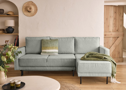 Canapé d'angle convertible avec coffre en tissu velours relief Charlie