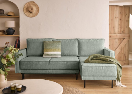Canapé d'angle convertible avec coffre en tissu velours relief Charlie