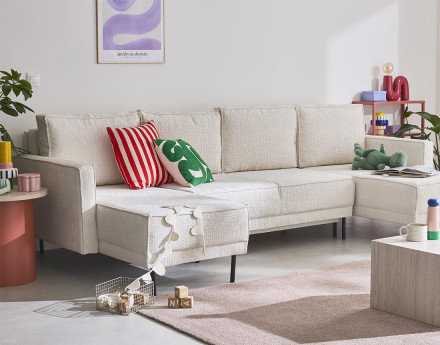 Canapé panoramique convertible coffre en tissu velours relief Charlie