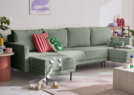 Canapé panoramique convertible coffre en tissu velours relief Charlie