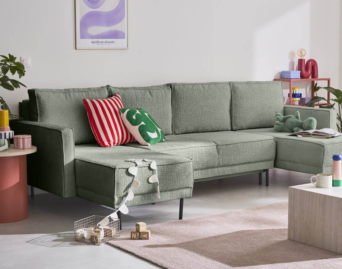 Canapé panoramique convertible coffre en tissu velours relief Charlie