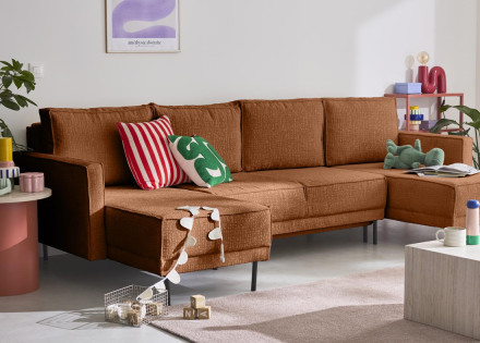 Canapé panoramique convertible coffre en tissu velours relief Charlie