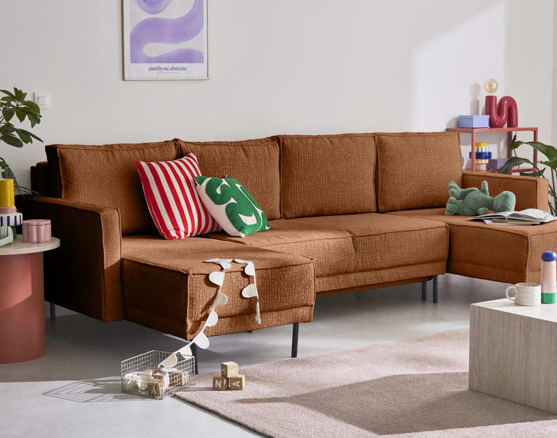 Canapé panoramique convertible coffre en tissu velours relief Charlie