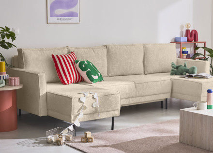 Canapé panoramique convertible coffre en tissu velours relief Charlie