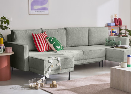 Canapé panoramique convertible coffre en tissu velours relief Charlie