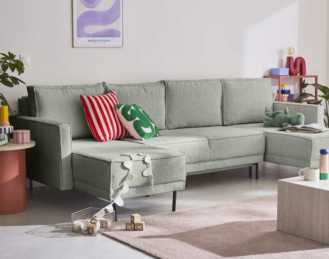 Canapé panoramique convertible coffre en tissu velours relief Charlie Canapé panoramique convertible coffre en tissu velours relief Charlie