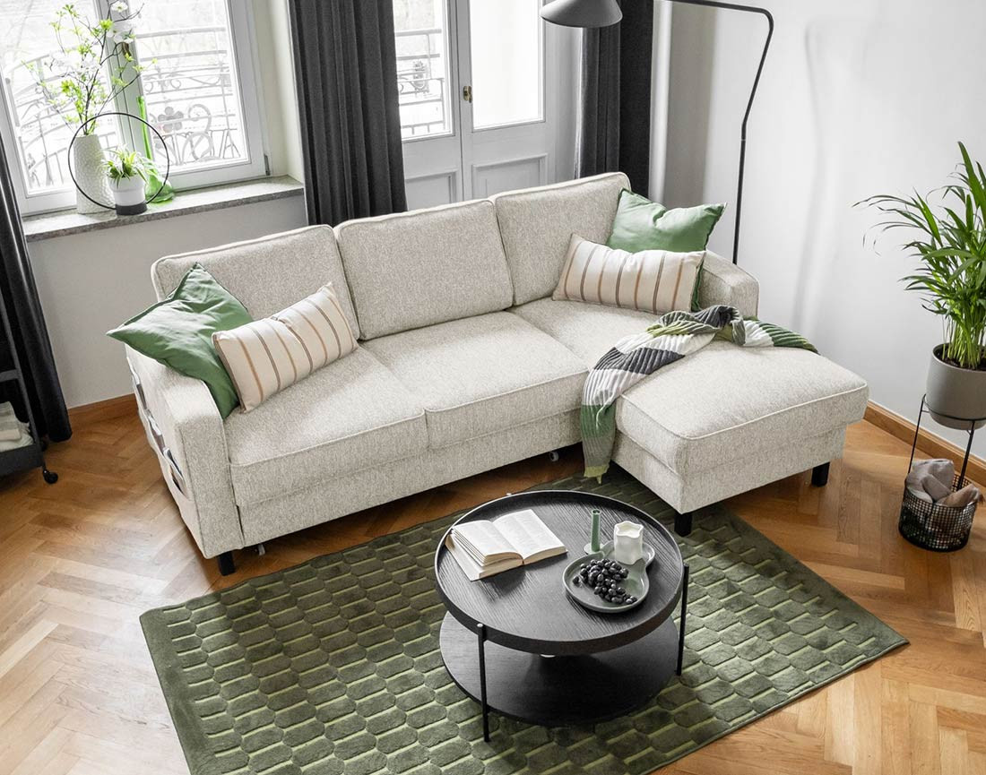 Canapé d'angle droit 4 places convertible avec coffre en tissu Molly