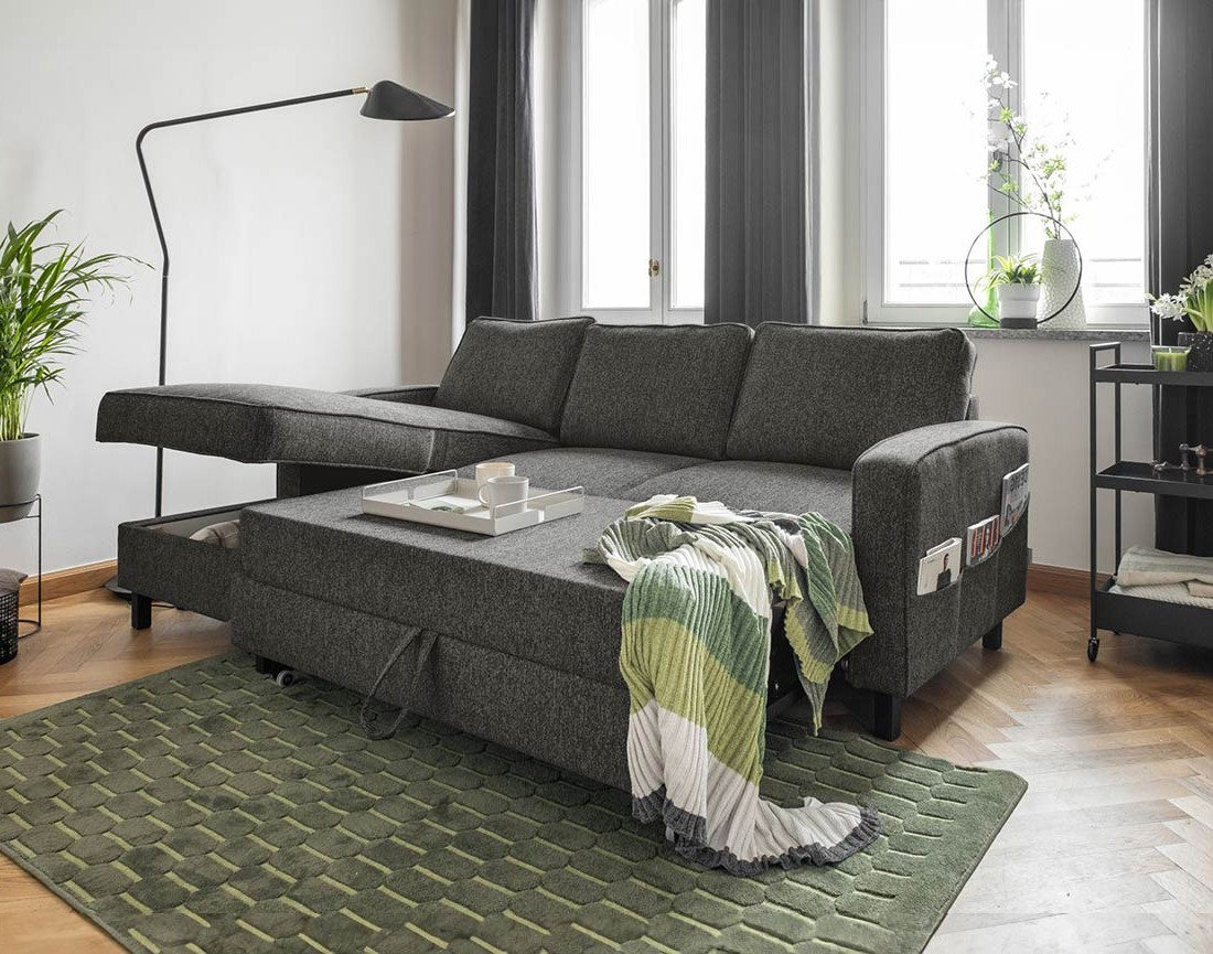 Canapé d'angle gauche 4 places convertible avec coffre en tissu Molly