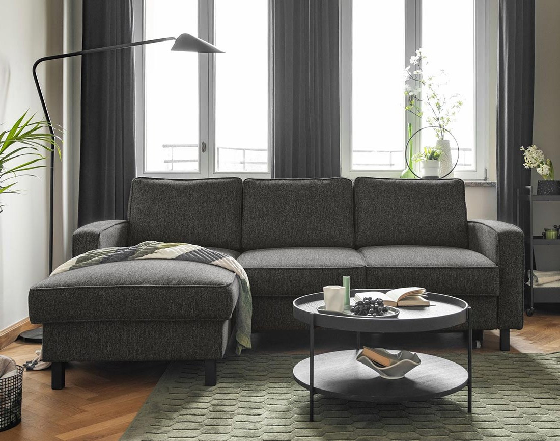 Canapé d'angle gauche 4 places convertible avec coffre en tissu Molly