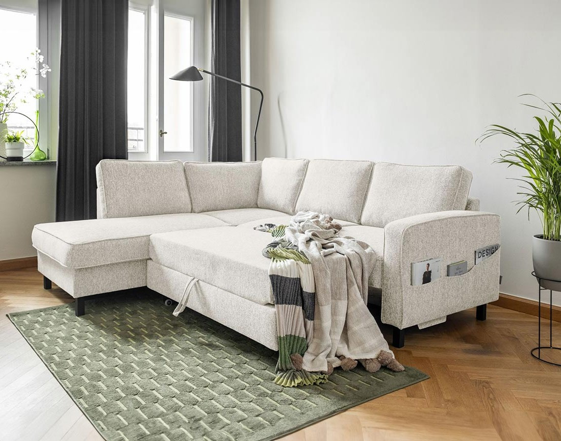 Canapé d'angle gauche 5 places convertible en tissu Molly