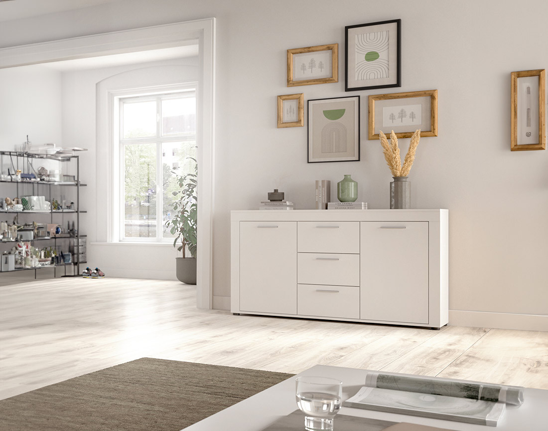 Buffet bas blanc 3 tiroirs et 2 portes 125 cm Stafford