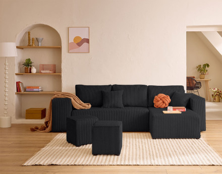 Canapé d'angle convertible en velours côtelé avec poufs Topaze