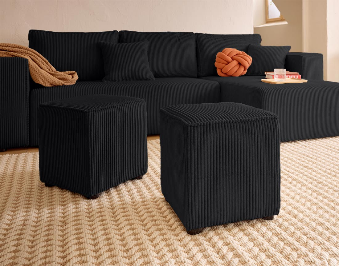 Canapé d'angle convertible en velours côtelé avec poufs Topaze