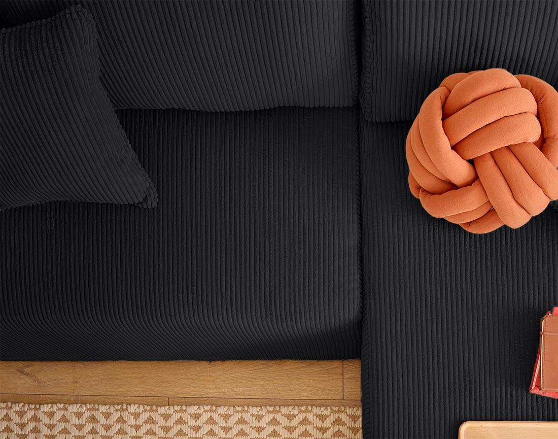 Canapé d'angle convertible en velours côtelé avec poufs Topaze