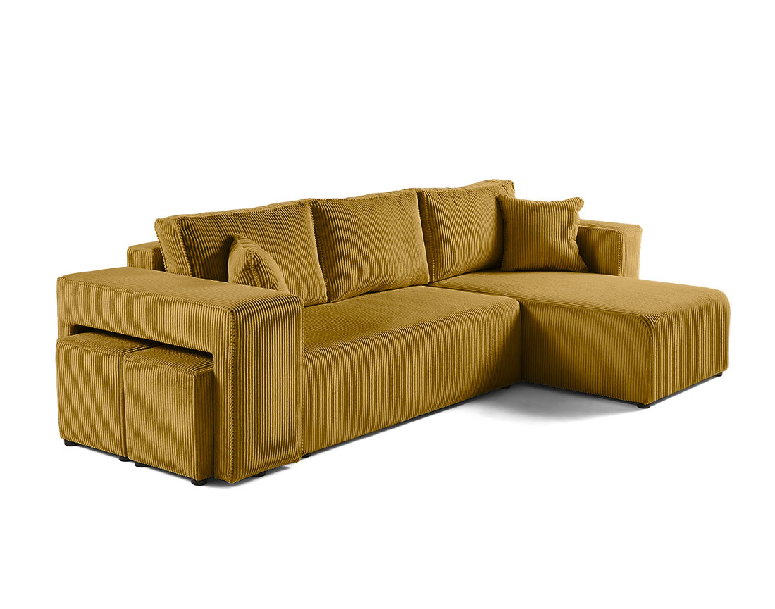 Canapé d'angle convertible en velours côtelé avec poufs Topaze