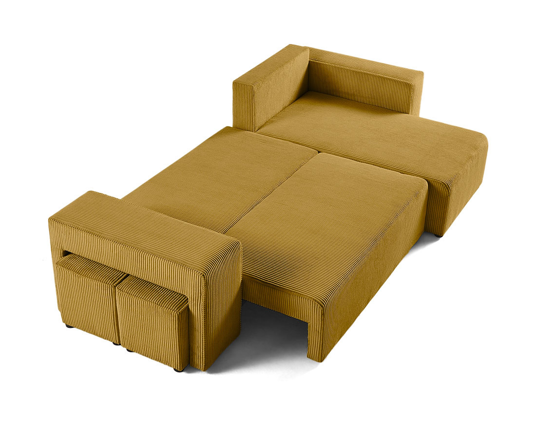 Canapé d'angle convertible en velours côtelé avec poufs Topaze