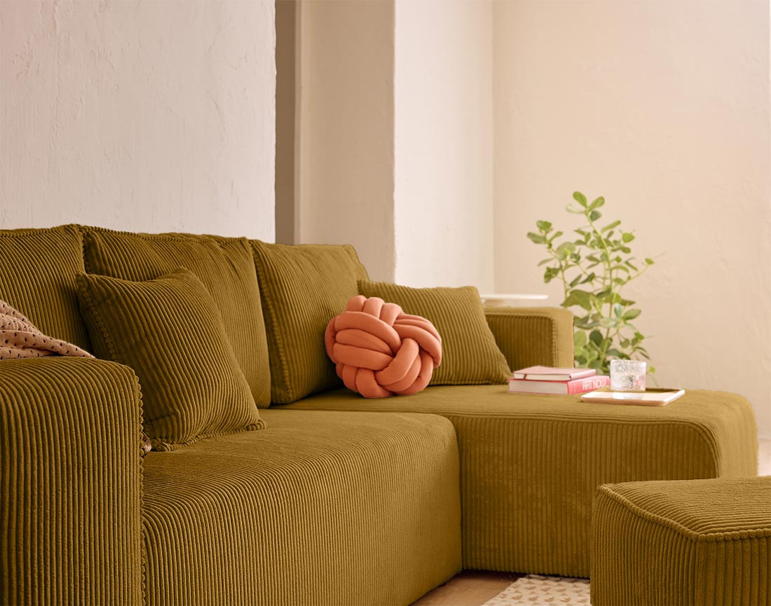 Canapé d'angle convertible en velours côtelé avec poufs Topaze