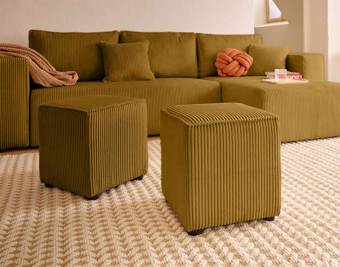 Canapé d'angle convertible en velours côtelé avec poufs Topaze
