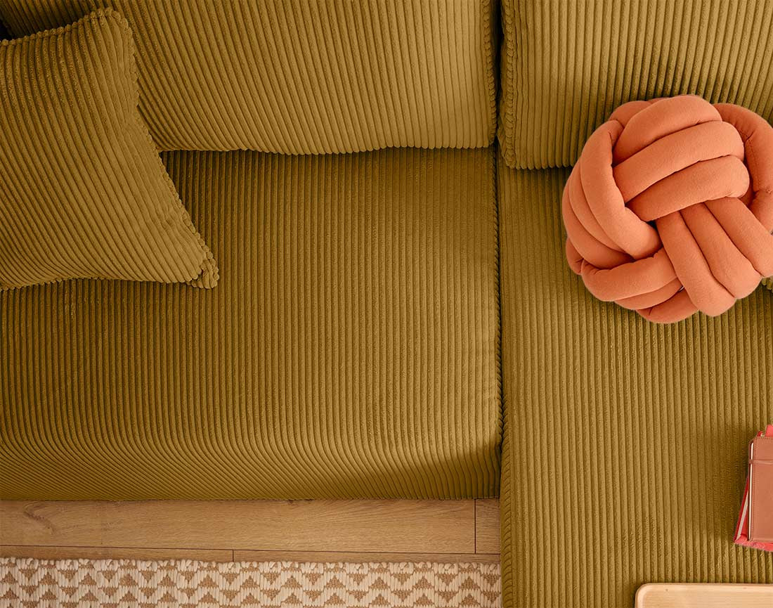 Canapé d'angle convertible en velours côtelé avec poufs Topaze