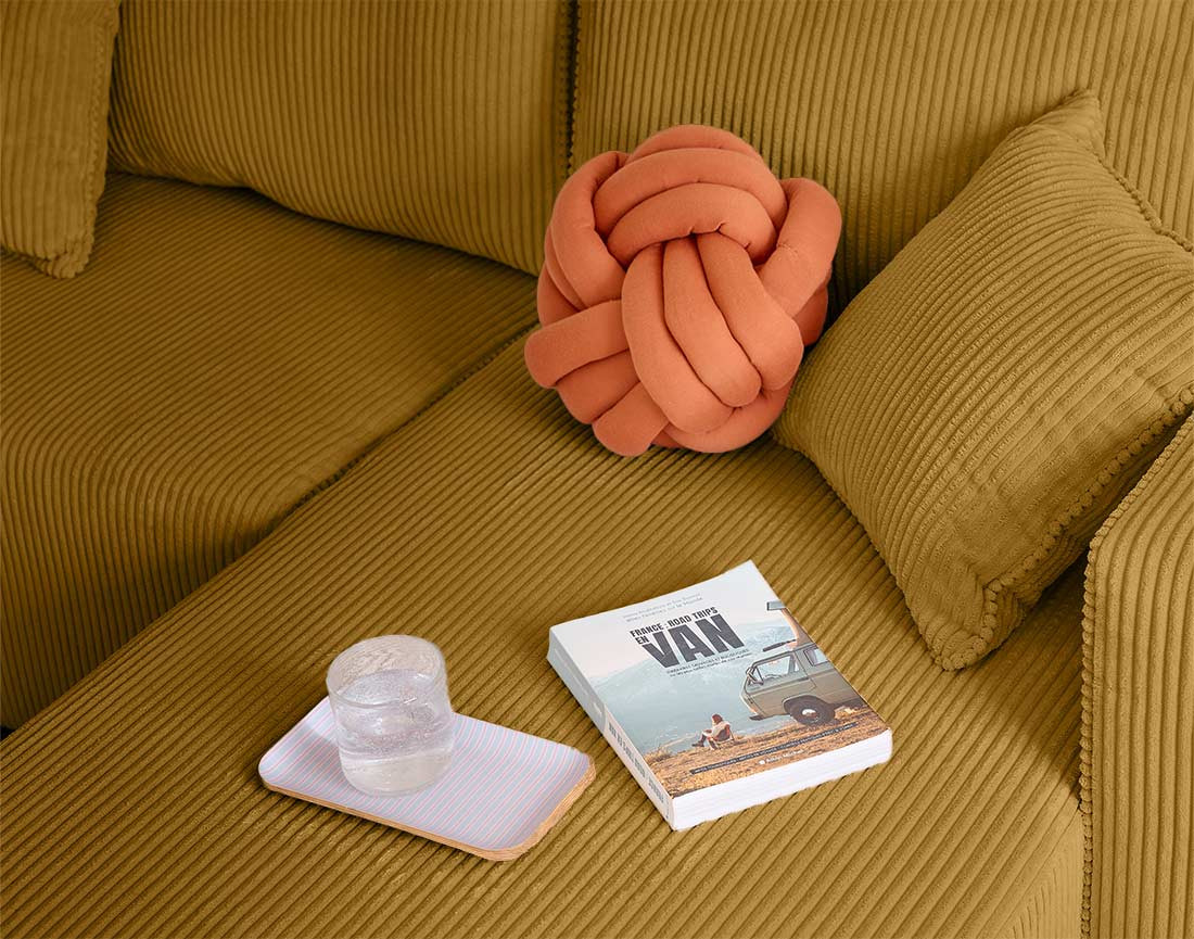 Canapé d'angle convertible en velours côtelé avec poufs Topaze